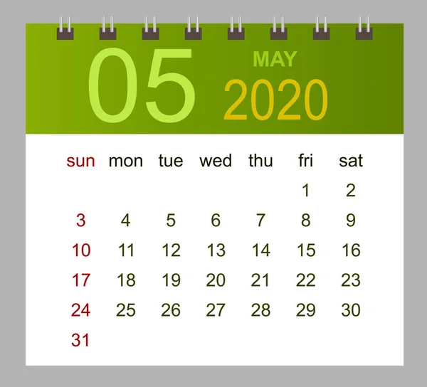 Template of calendar for May 2020. Week starts Sunday. — Stock Vector