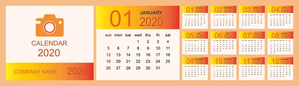 Календар 2020, Встановити дизайн шаблону стільниці з місцем для фотографії та логотипом компанії . — стоковий вектор