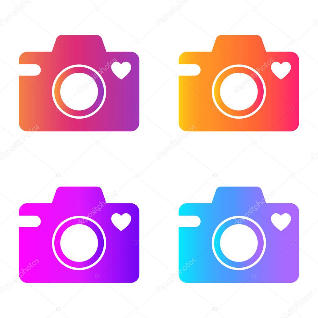 Camera icon with a heart symbol. Vector gradient fresh color set. Isolated illustration on white background.