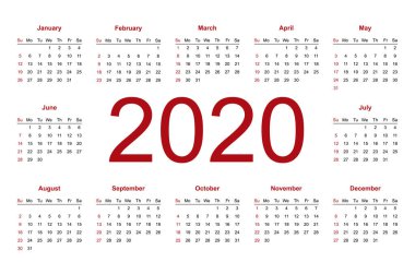 Takvim 2020. Hafta Pazar, iş şablonu başlar.