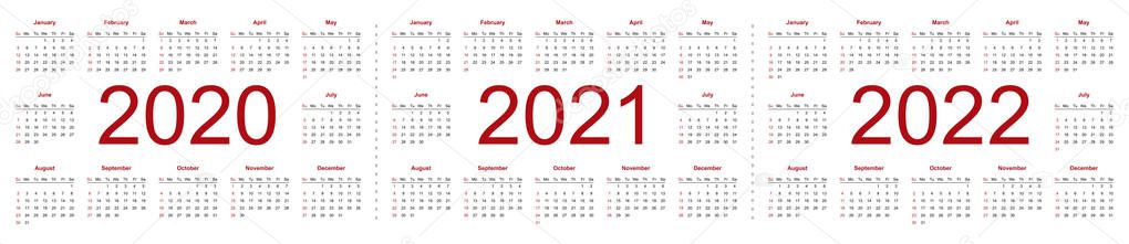 Set of minimalist calendars, years 2020 2021 2022, weeks start Sunday. Vector Graphics