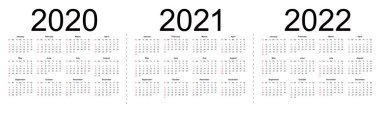 Takvim 2020, 2021, 2022. Hafta Pazar, iş şablonu başlar.