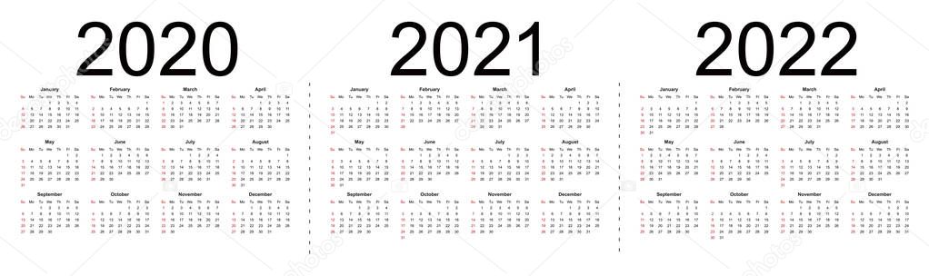 Calendar 2020, 2021, 2022. Week starts from Sunday, business template. Stock Illustration