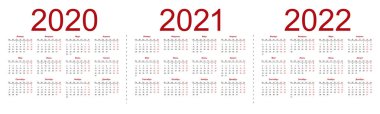 Rusça 2020, 2021, 2022 yıllık vektör takvimleri seti.