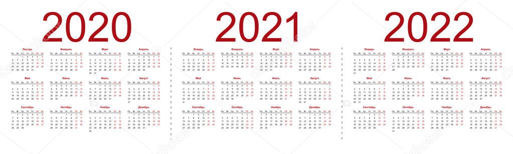Set of russian 2020, 2021, 2022 year vector calendars. vector