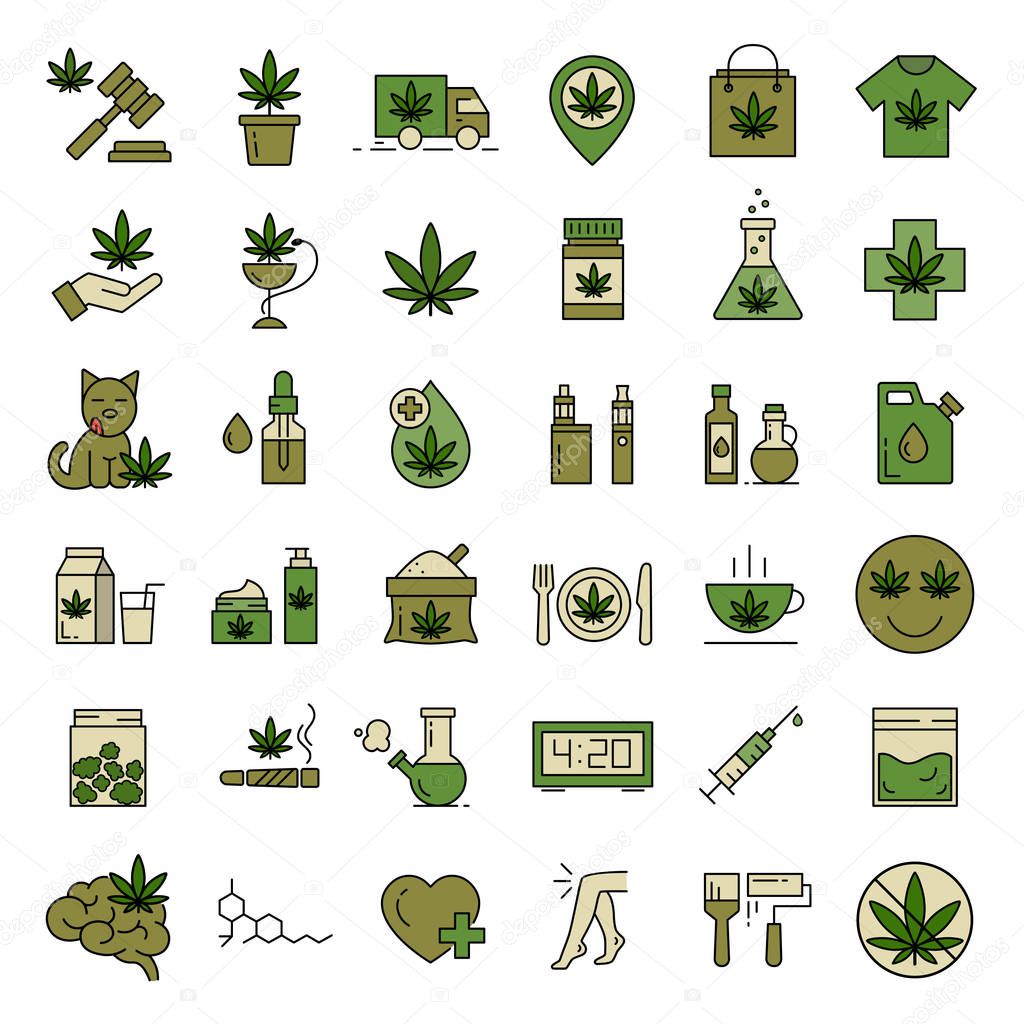 Marijuana icons. Set of medical cannabis icons. Drug consumption. Marijuana Legalization. Isolated vector illustration on white background.