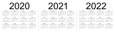 2020, 2021 ve 2022 yılı takvim ızgarası.