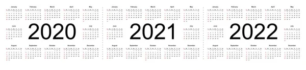 Шаблоны календаря на 2020, 2021 и 2022 годы в одном векторном файле . — стоковый вектор