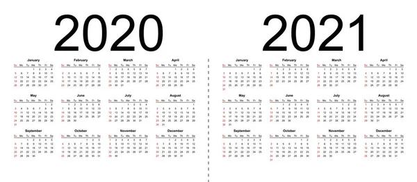 Enkla redigerbara vektor kalendrar för år 2020 2021. — Stock vektor