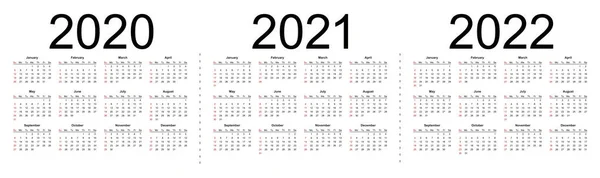 Proste edytowalne kalendarze wektorowe na rok 2020 2021 2022. — Wektor stockowy
