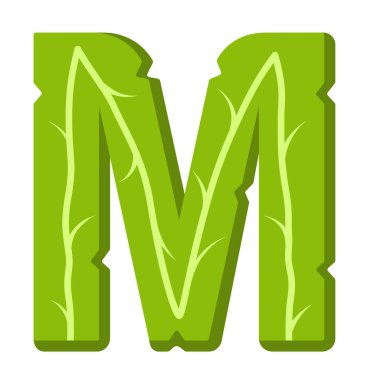 M harfi, yeşil yapraklar yaz vektör alfabesi. M yeşil harfinin basit logosu. Beyaz arkaplanda izole illüstrasyon.