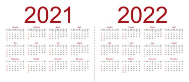 Set of minimalist calendars, years 2021 2022, weeks start Sunday. Isolated vector illustration on white background. vector