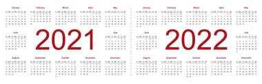2021 ve 2022 yılları için basit düzenlenebilir vektör takvimleri. Hafta pazar günü başlıyor. Beyaz arkaplanda izole vektör illüstrasyonu.