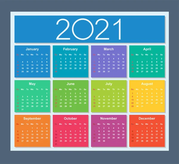 Año Colorido 2021 Calendario Semana Comienza Domingo Ilustración Vectorial Aislada — Vector de stock