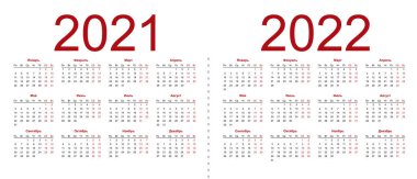 Set of russian 2021, 2022 year vector calendars. Week starts from Monday. Saturday and Sunday highlighted. Isolated vector illustration on white background. vector
