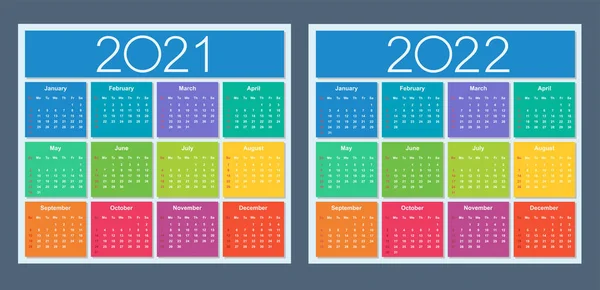 Calendario 2021 2022 Colorido Conjunto Vectores Semana Comienza Domingo Ilustración — Vector de stock