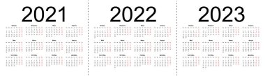 Bir dizi Rus 2021, 2022, 2023 yılı vektör takvimi. Hafta pazartesiden itibaren başlıyor. Beyaz arkaplanda izole vektör illüstrasyonu.