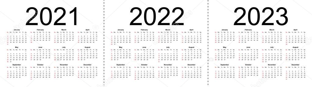 Simple Editable Vector Calendars Year 2021 2022 2023 Week Starts Stock Illustration