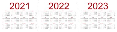 Set of minimalist calendars, years 2021 2022 2023, weeks start Sunday. Isolated vector illustration on white background. vector