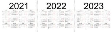 2021, 2022 ve 2023 yıllarının takvim şebekesi. Rusça 'da basit bir yatay şablon. Beyaz arkaplanda izole vektör illüstrasyonu.