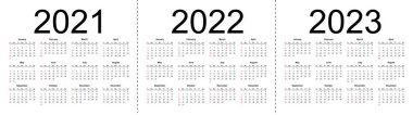 2021, 2022 ve 2023 yıllarının basit takvim düzeni. Hafta pazar günü başlıyor. Beyaz arkaplanda izole vektör illüstrasyonu.