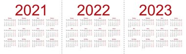 Set of russian 2021, 2022, 2023 year vector calendars. Week starts from Monday. Isolated vector illustration on white background. vector
