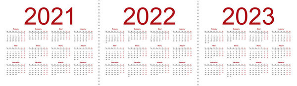 Set of russian 2021, 2022, 2023 year vector calendars. Week starts from Monday. Isolated vector illustration on white background.