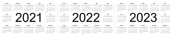 2021年 2022年 2023年のシンプルなカレンダーレイアウト 週は日曜日から始まります 白い背景に孤立ベクトルイラスト — ストックベクタ