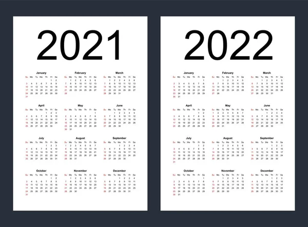 Calendarios Vectoriales Editables Simples Para Año 2021 2022 Semana Comienza — Vector de stock