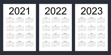 2021, 2022 ve 2023 yılları için basit düzenlenebilir vektör takvimleri. Hafta pazar günü başlıyor. Dikey. İzole illüstrasyon.