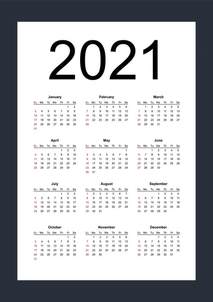 Calendario Vectorial Editable Simple Para Año 2021 Semana Comienza Domingo — Vector de stock