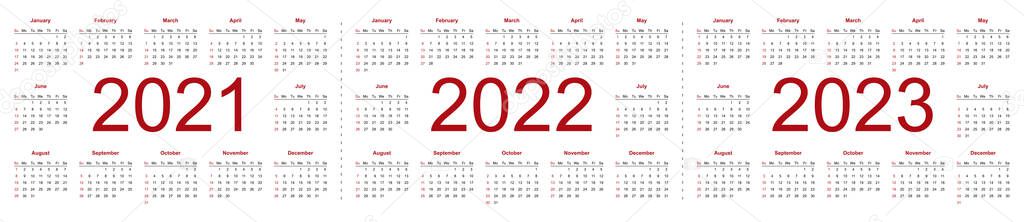 Set Minimalist Calendars Years 2021 2022 2023 Weeks Start Sunday Stock Vector
