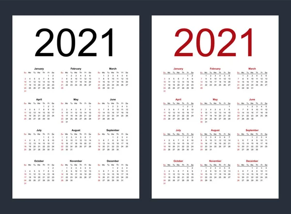 Calendario Vectorial Editable Simple Para Año 2021 Semana Comienza Domingo — Vector de stock