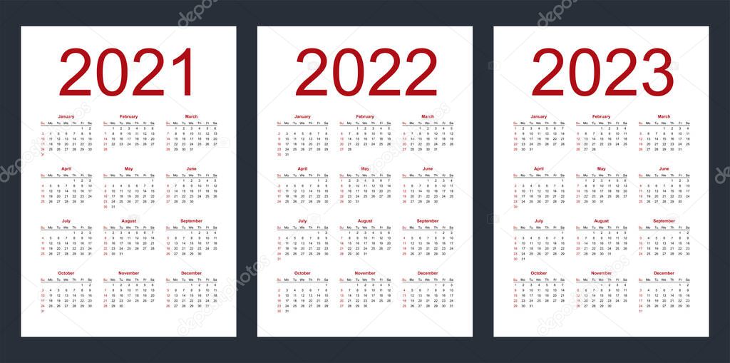 Simple editable vector calendars for year 2021, 2022, 2023. Week starts from Sunday. Vertical. Isolated illustration.