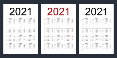 2021 yılı için basit düzenlenebilir vektör takvimi. Hafta pazar günü başlıyor. Dikey. Beyaz arkaplanda izole vektör illüstrasyonu.