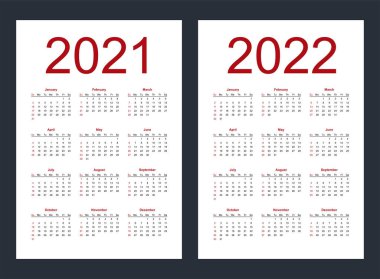 Simple editable vector calendars for year 2021, 2022. Week starts from Sunday. Vertical. Isolated vector illustration. vector