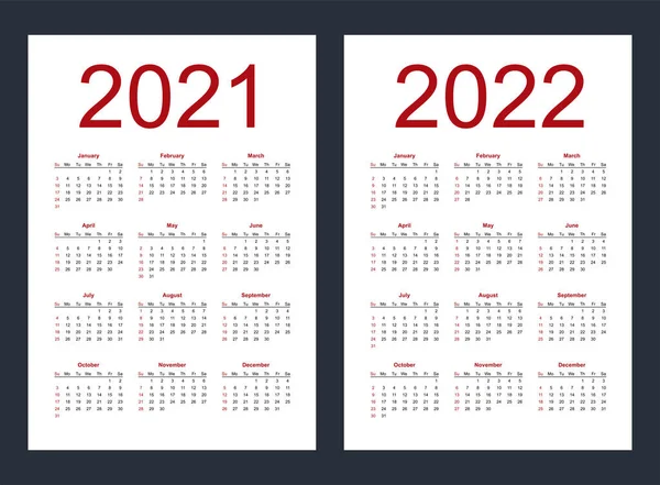 Simple Editable Vector Calendars Year 2021 2022 Week Starts Sunday Royalty Free Stock Vectors