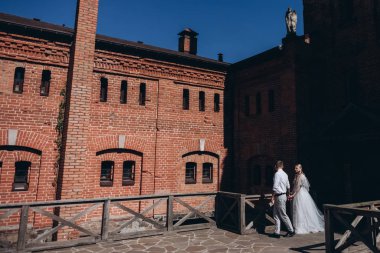 bride and groom walking in front of ancient building clipart