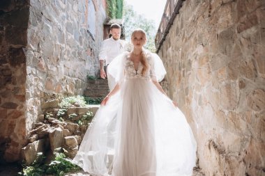 beautiful bride and groom on stairs of ancient building in old town clipart