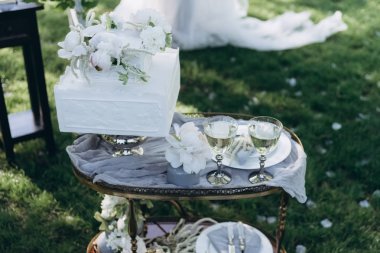 Düğün pastası ve bardak şampanya yeşil çimenlerin üzerinde içeren tablo