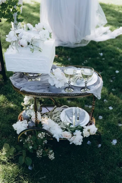 Mesa Ruedas Con Pastel Boda Copas Champán Sobre Hierba Verde — Foto de stock gratis