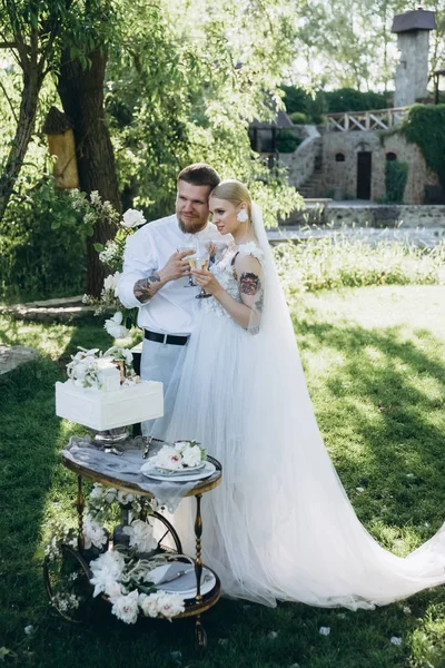新娘和新郎香槟杯和蛋糕在立场上 — 图库照片