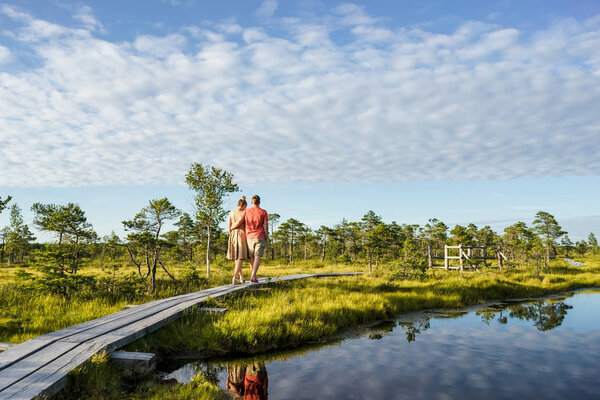 back view of couple in love hugging and walking on wooden bridge with green trees and blue sky on background