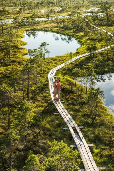 Luchtfoto Van Het Verliefde Paar Houten Brug Met Groene Planten — Gratis stockfoto