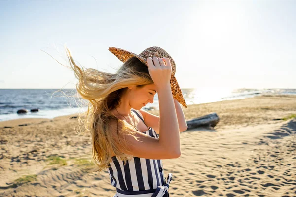 Side View Attractive Young Woman Straw Hat Sandy Beach Riga — Stock Photo, Image