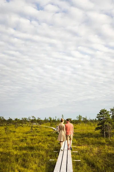 Vista trasera de pareja enamorada caminando sobre puente de madera con plantas verdes y cielo azul sobre fondo - foto de stock