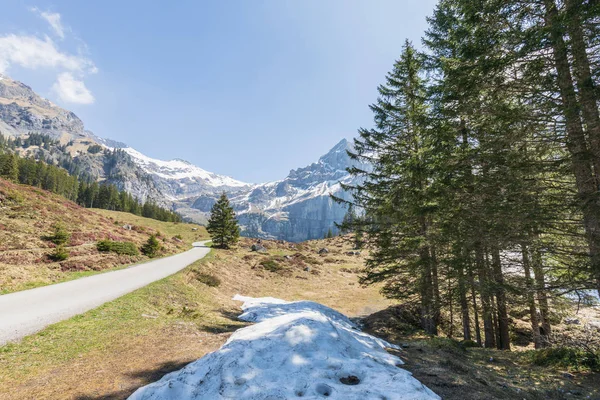 Panorama View Alps Snow Covered Hiking Path Kandersteg Switzerland — Stock Photo, Image