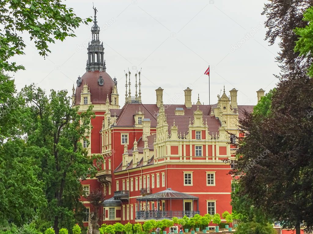 Beautiful red castle of Fuerst Pueckler in Bad Muskau Germany