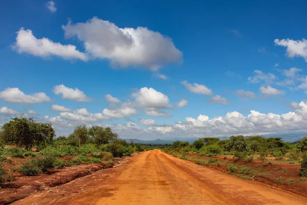 Estrada Savana Seca Com Belas Nuvens Massai Mara Kenya África — Fotografia de Stock