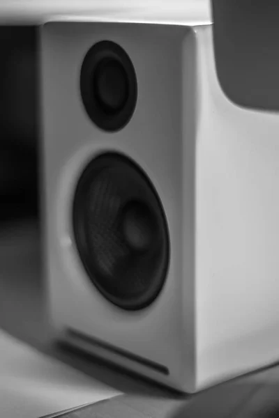 Monochrome Close White Piano Lacquer Desktop Speaker Design — Stock Photo, Image